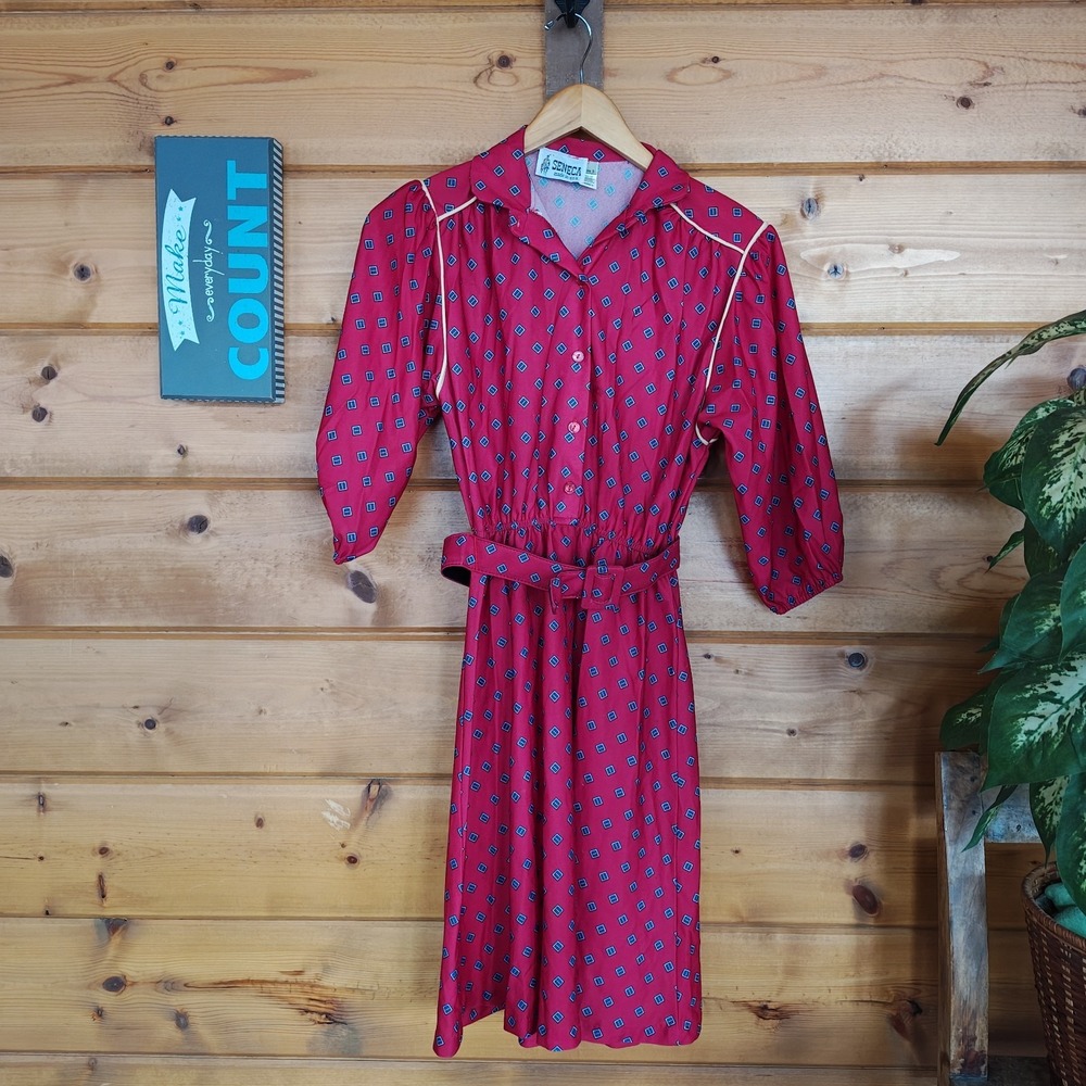Vintage 70s Seneca USA Western Prarie Secretary Shirt Midi Dress Red Geo Size 5